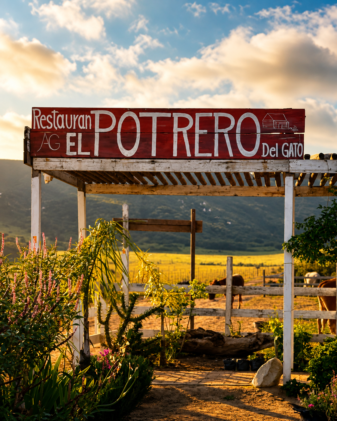 Letrero de entrada del Restaurante El Potrero del Gato en la Ruta del Médano